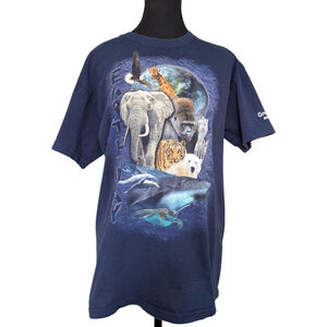 Vintage Y2K Earth Day Animal Essentials Graphic Tee Navy Blue M